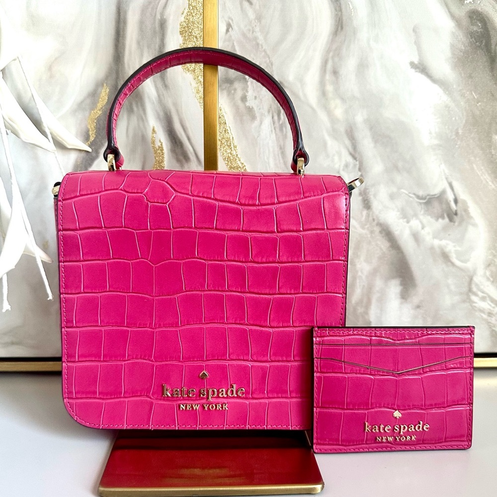 Like New Kate Spade Pink Staci Square Crossbody Bag and Card Holder Bundle Set